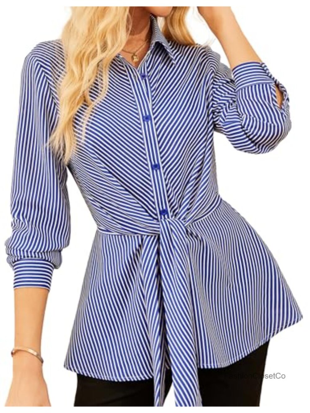 Peplum Tie Front Striped Button Down Shirt Women Long Sleeve Office Blouse